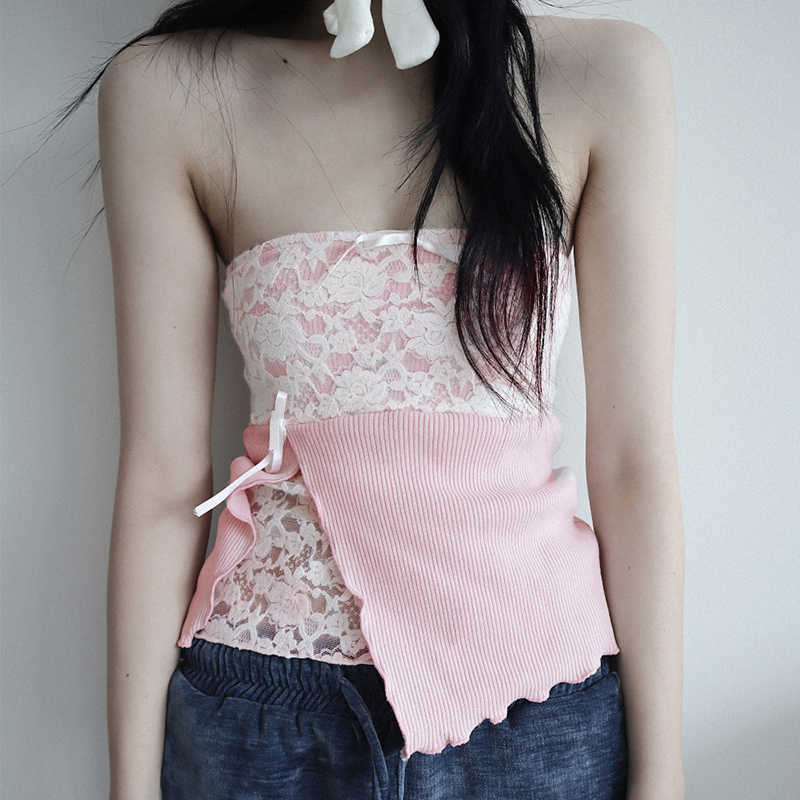 Lace Splicing Slit Tube Top