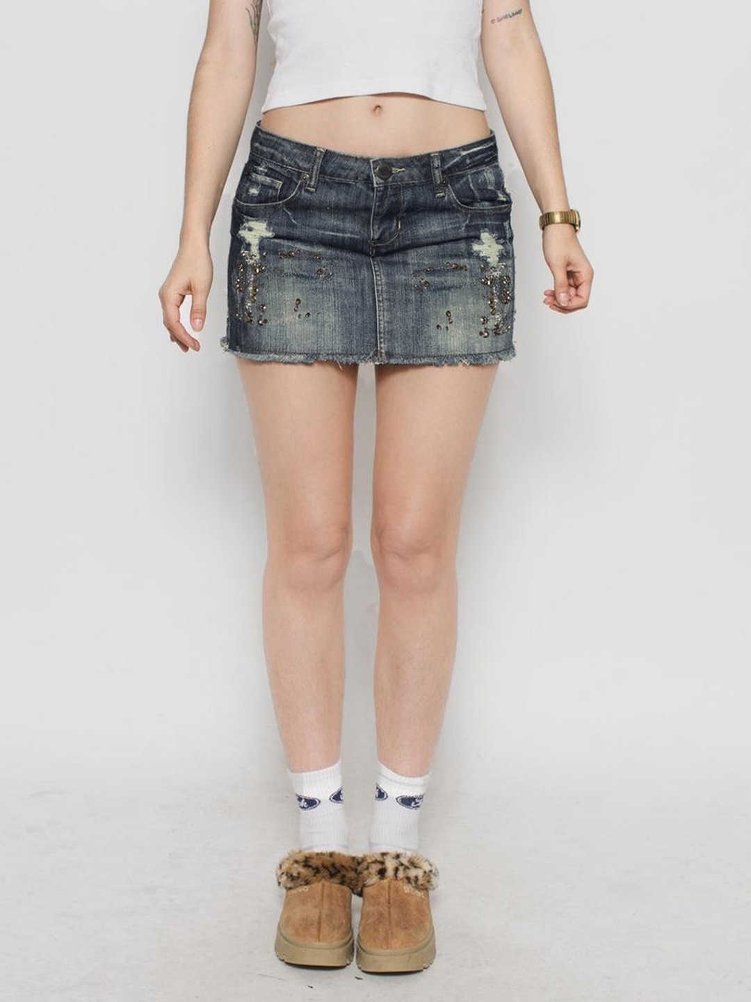 Drilled Holes Buttocks Denim Skirt