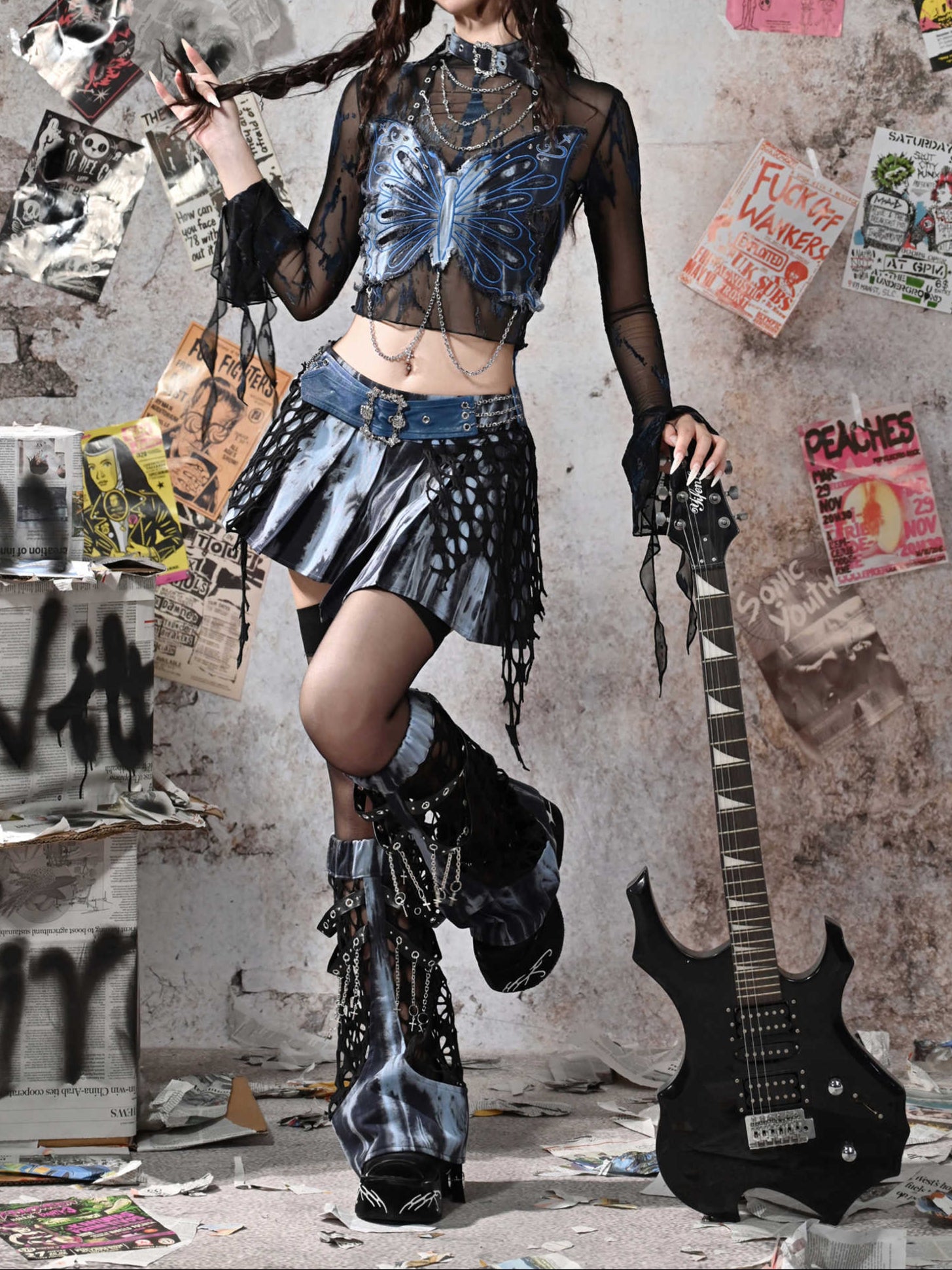 Butterfly Y2K Rivet Chain Mesh Two-piece Set