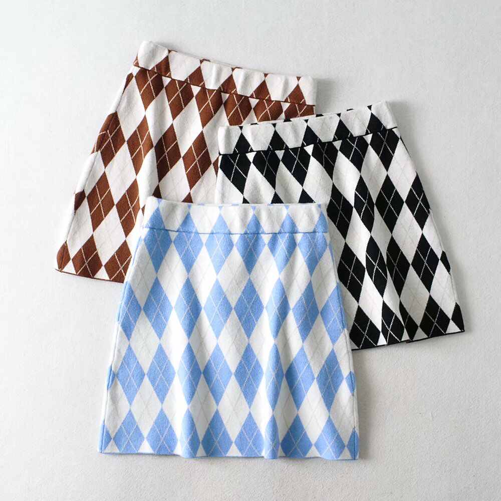 Preppy Knitted Brown Plaid Skirt