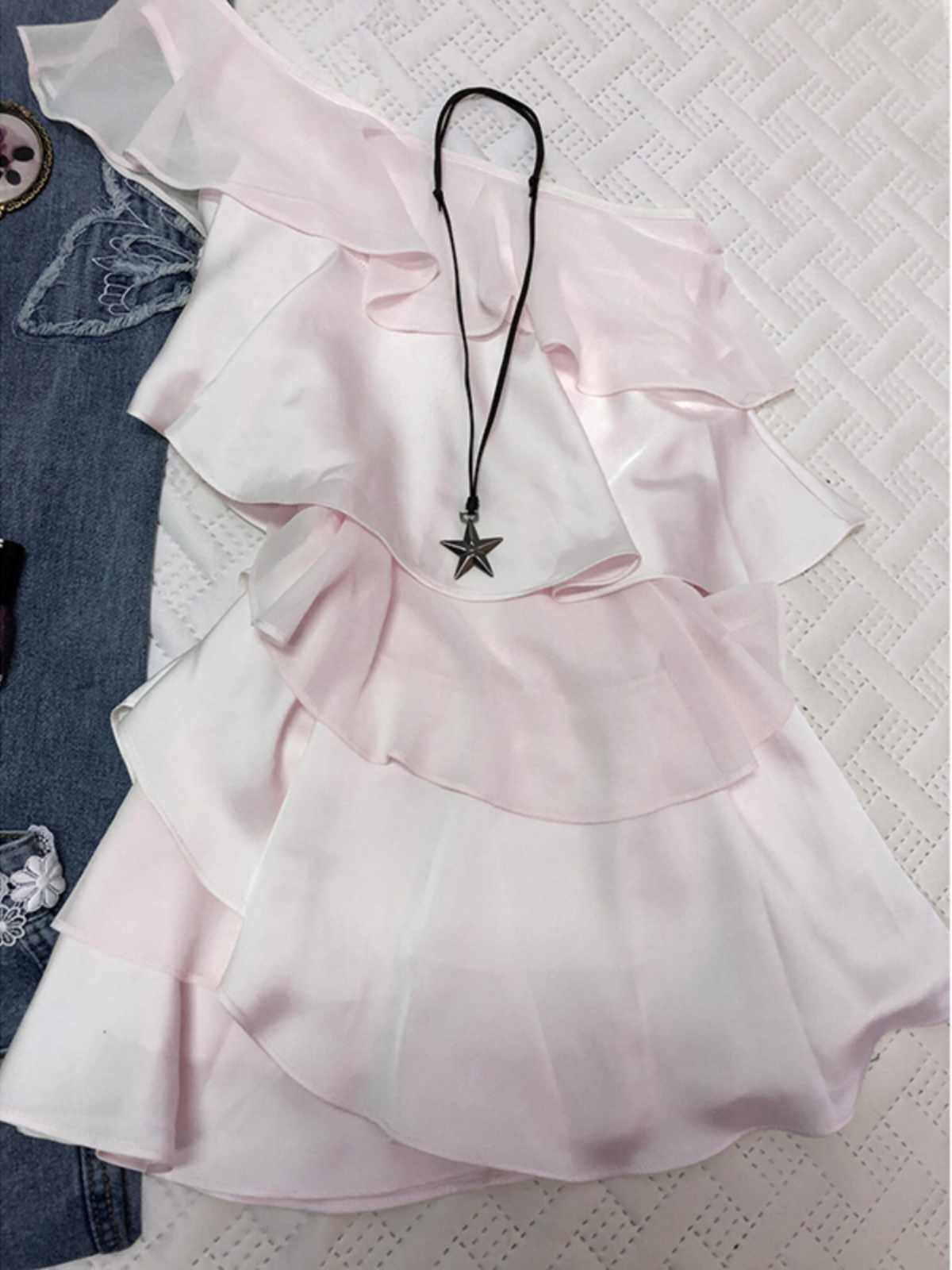 Pink Chiffon One-shoulder Mini Dress