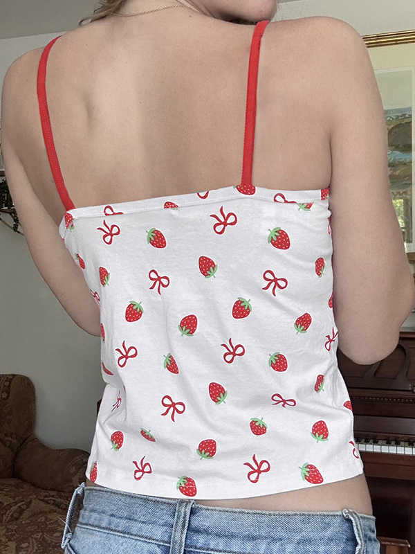 Strawberry Print Bow White Tank Top