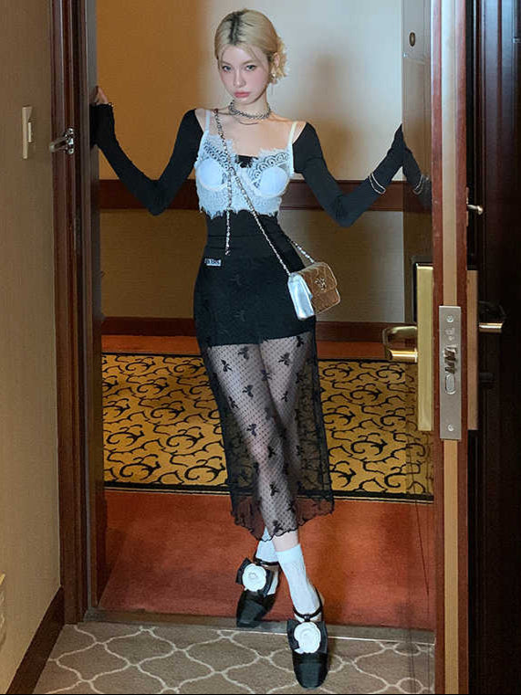 Bow Mesh Mid-length Skirt