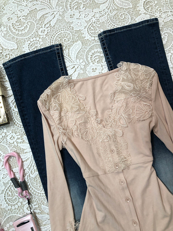 retro pink V-neck lace splicing long-sleeved top