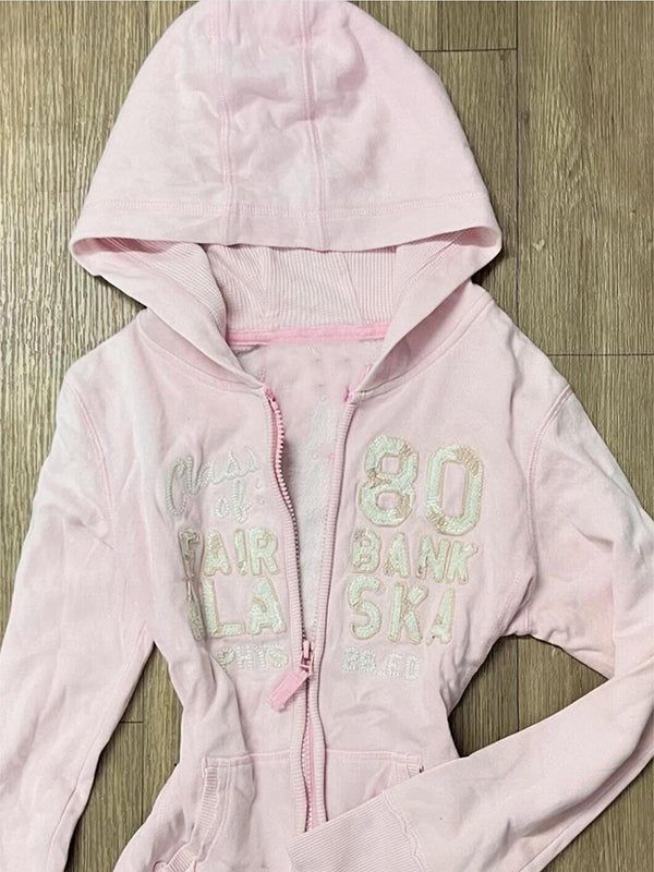 pink letter hooded sweatshirt jacket