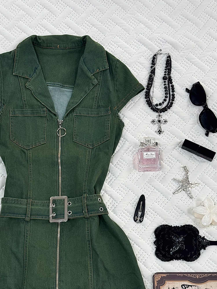 Retro Green Denim Dress