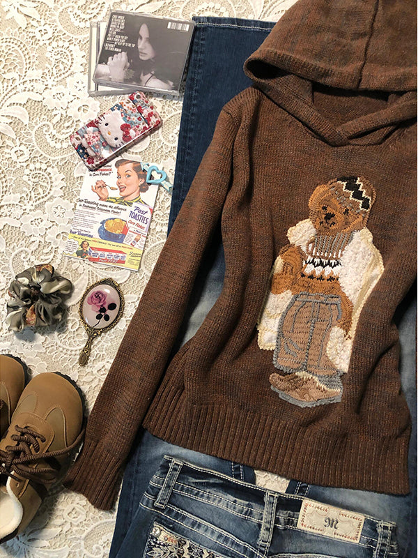 American retro brown bear embroidered hooded sweater