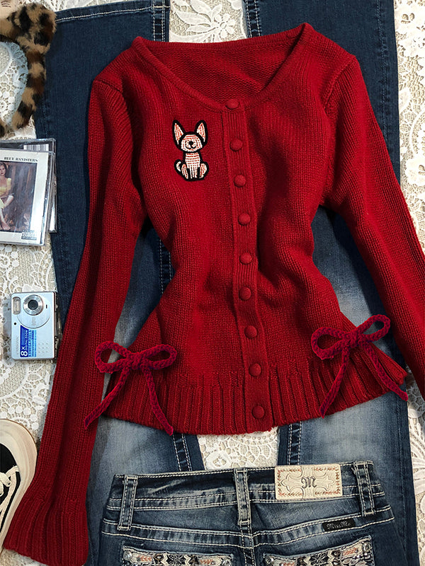 red cartoon V-neck knitted cardigan