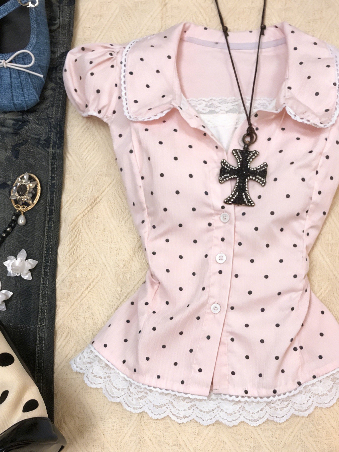 pink polka dot shirt