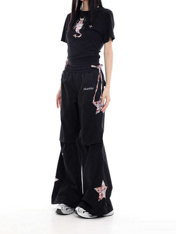 Y2K Plaid Star Patch Flare Pants