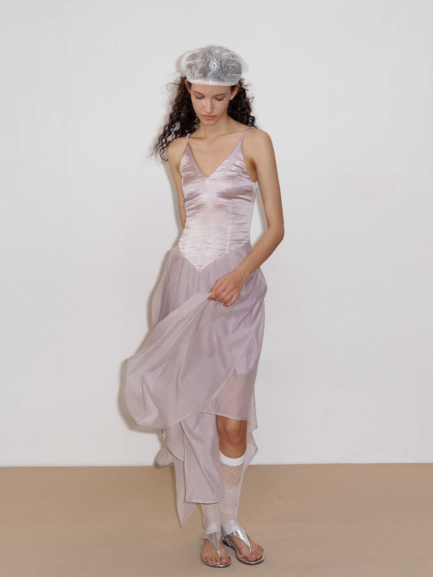 Glossy Textured Petal Mesh Dress