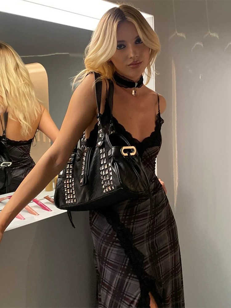 Plaid Lace Spliced Slit Dress