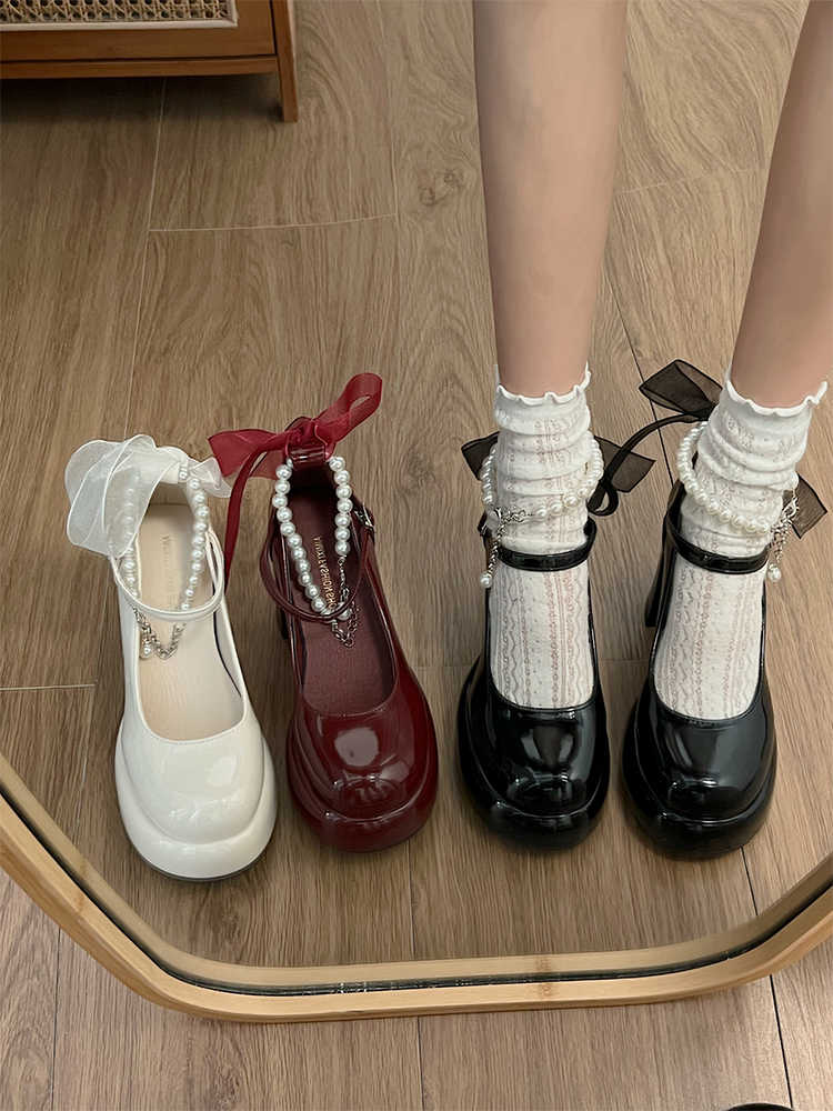 Preppy Lace Bow Pearls Mary Jane Shoes