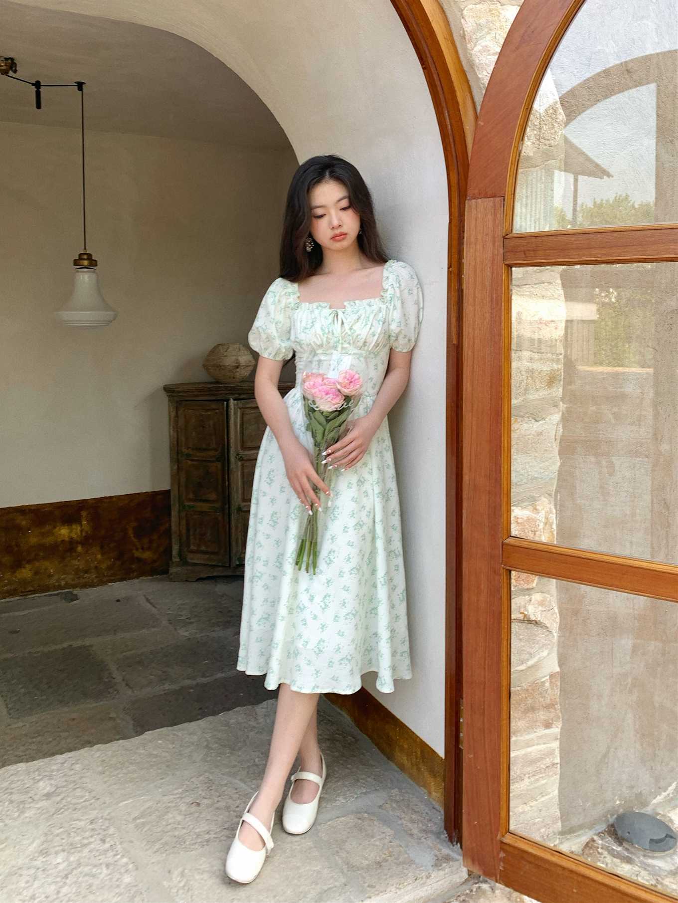 Puff Sleeve Green Floral Dress
