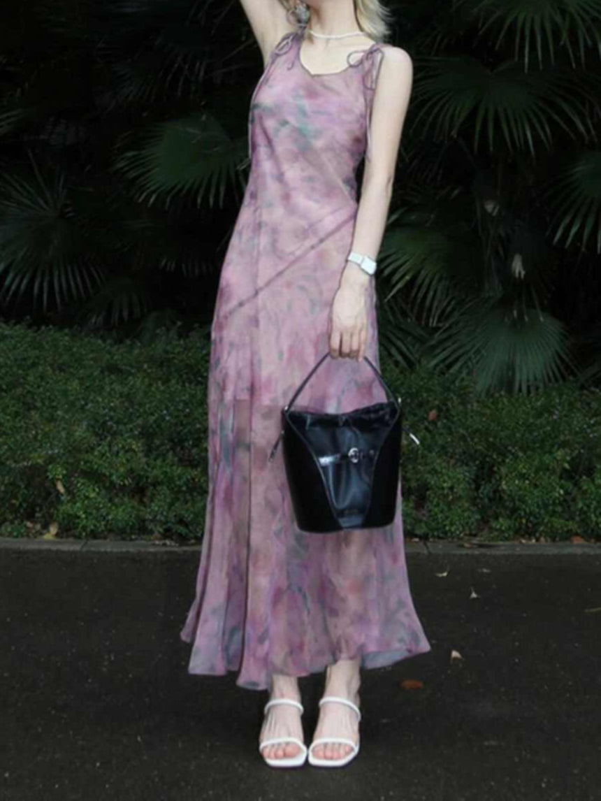 Rose Smudged Chiffon Floral Dress