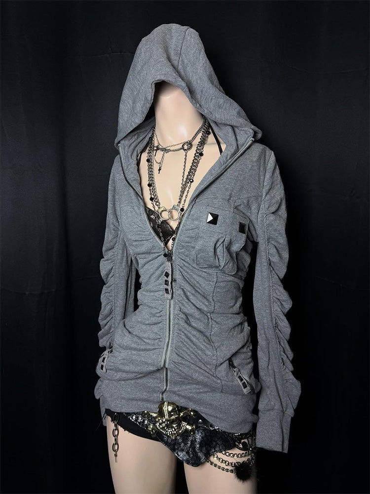 y2k American retro gray hooded jacket