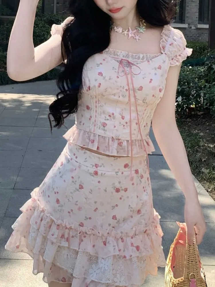Floral Lace Top + Cake Skirt Set