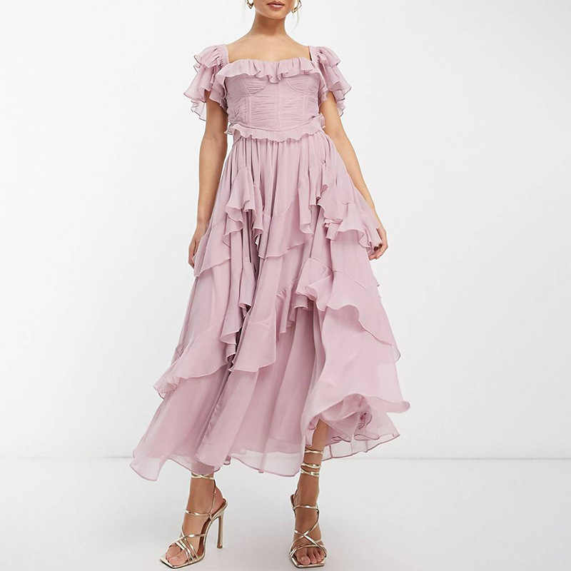 French One-shoulder Ruffled Dress