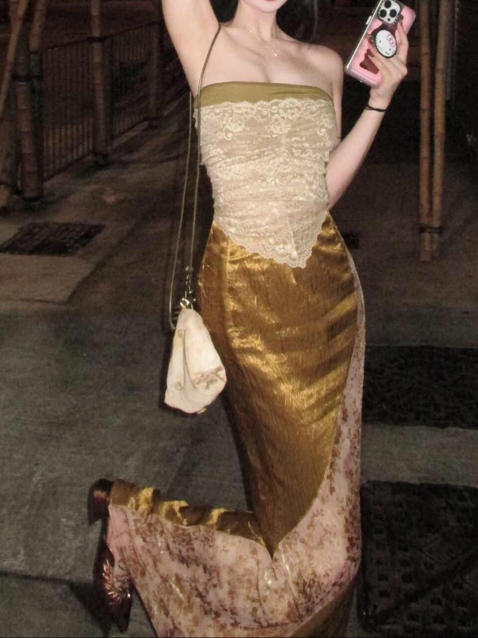 Lace Knitted Stretch Irregular Tube Top + Gold Spliced Skirt Set