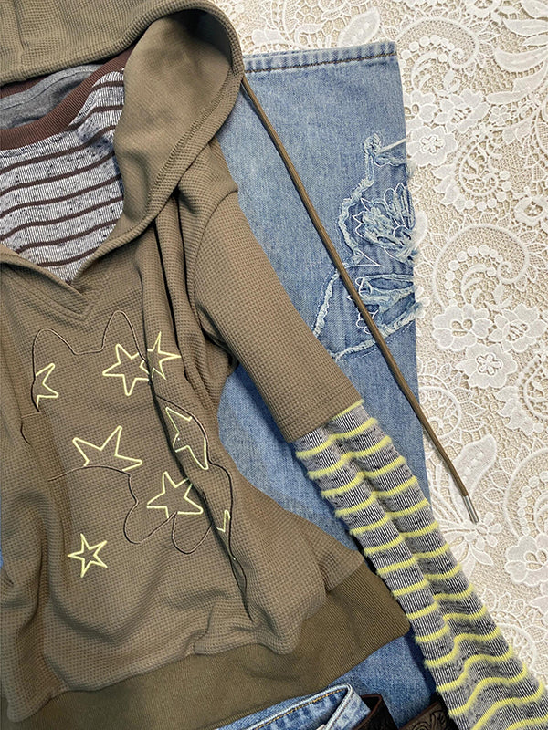 khaki hooded printed sweatshirt