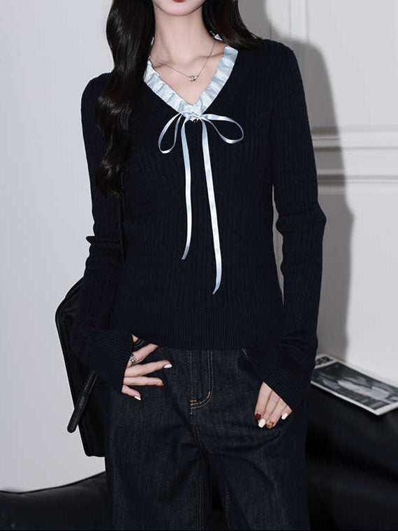 Coquette Bow Ruffled V-neck Sweater