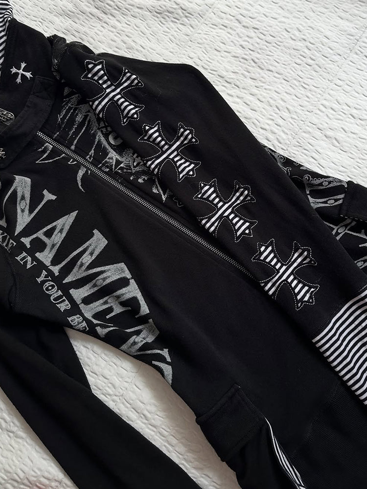 Goth retro striped patchwork sweatshirt jacket