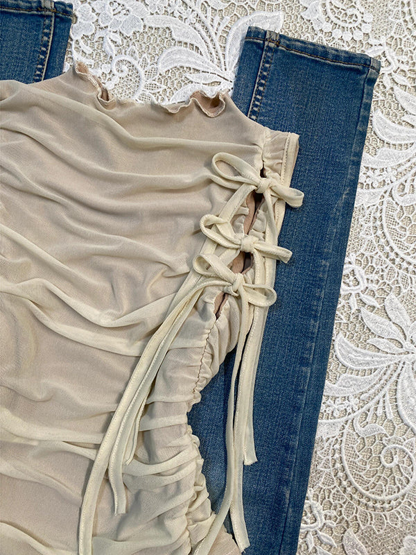 Retro beige bows straps top