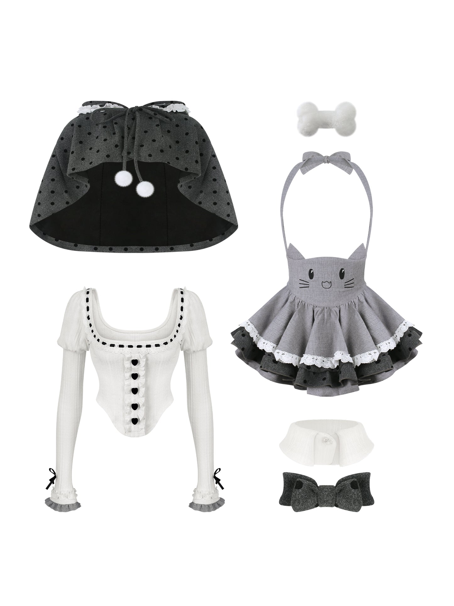 Gray cat doll bow tie suspender skirt