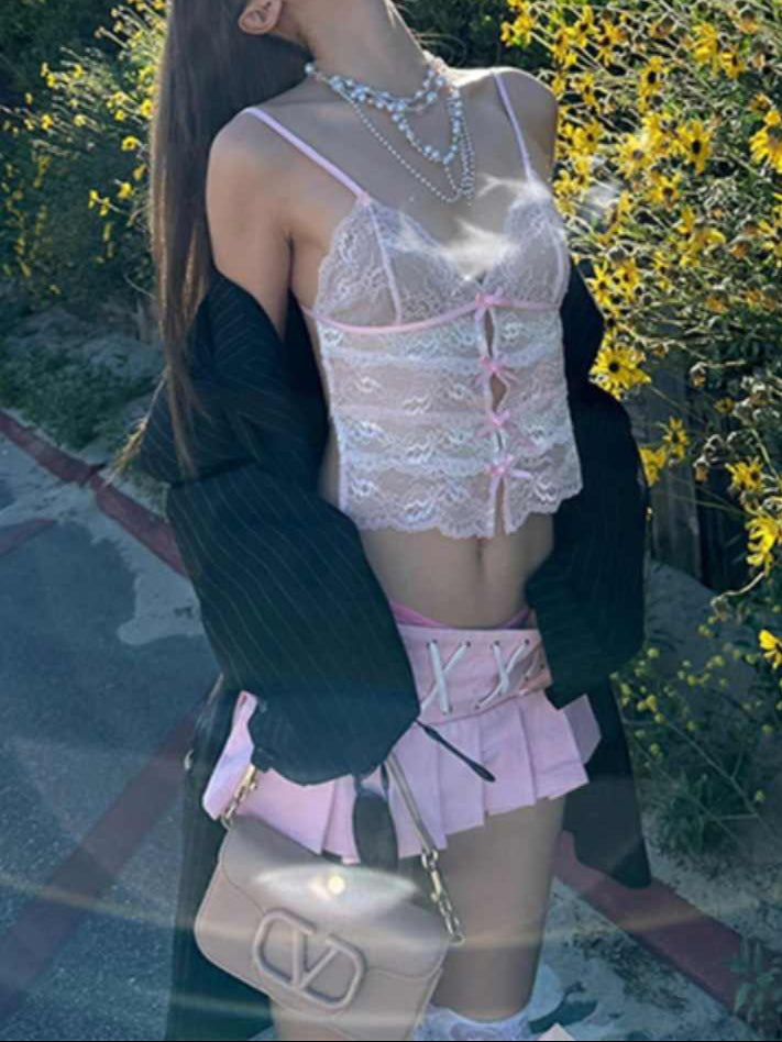 Lace Bow Backless Strap Tank Top