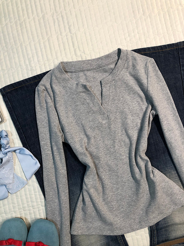 Gray Round Neck Long Sleeve Top