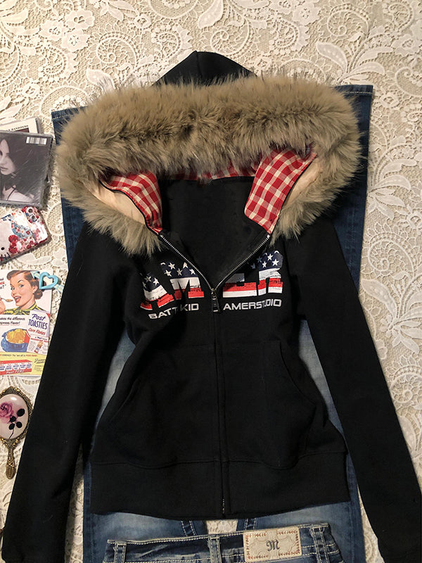 retro hooded fur collar niche jacket