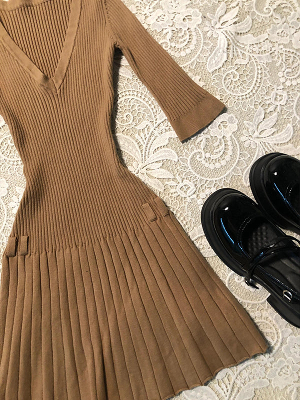 French retro new V-neck mid-sleeve dress