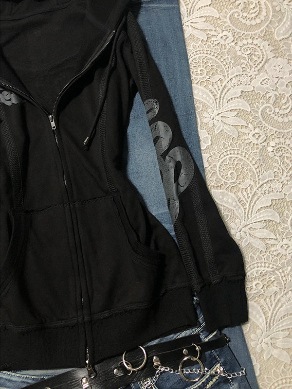 black double zipper hooded jacket