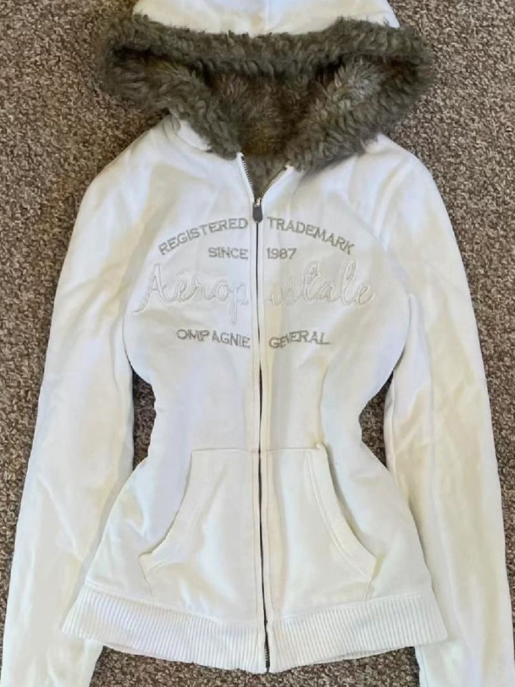 y2k retro pink letter fur collar hooded jacket