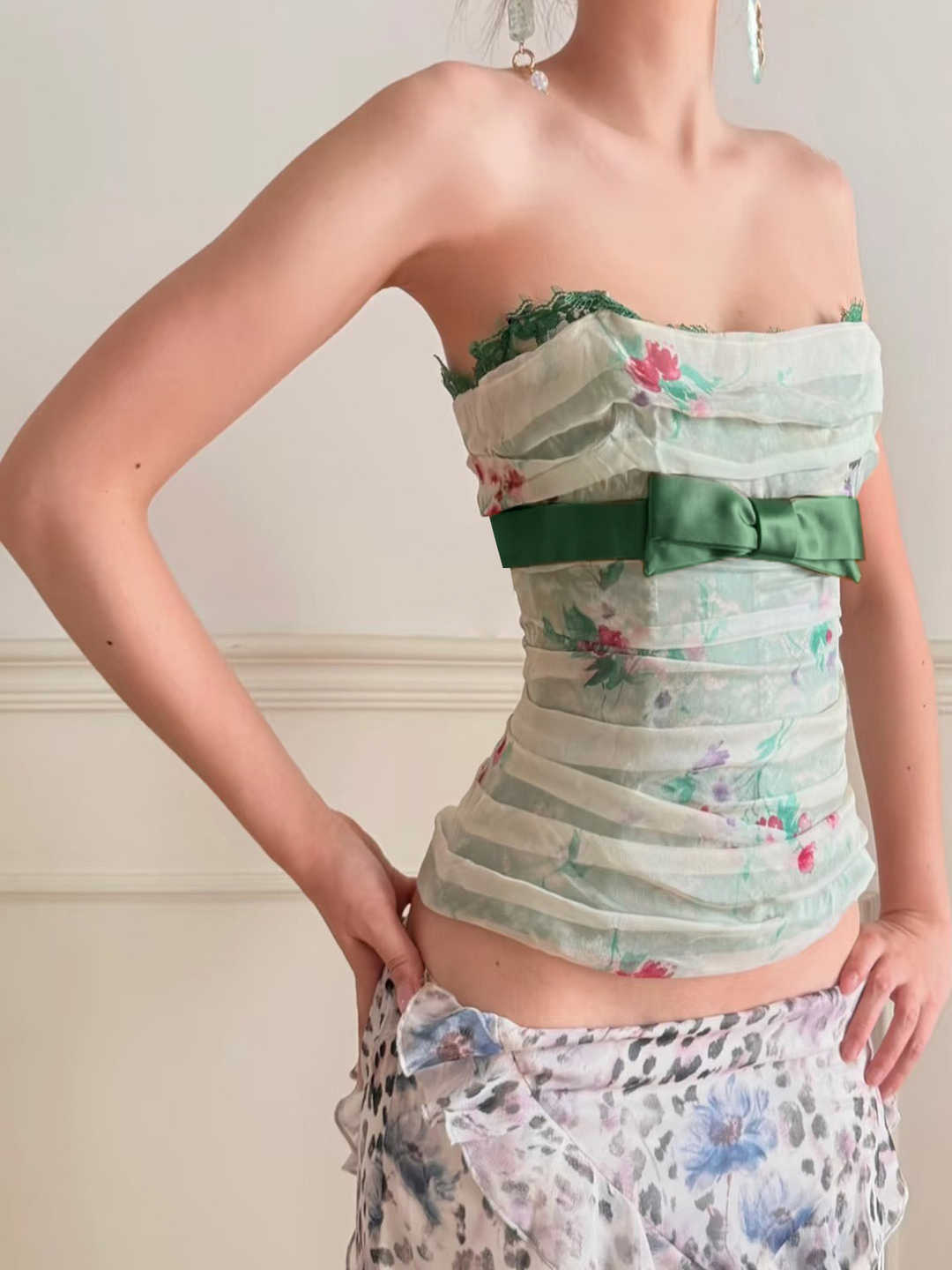 French Green Floral Mesh Tube Top