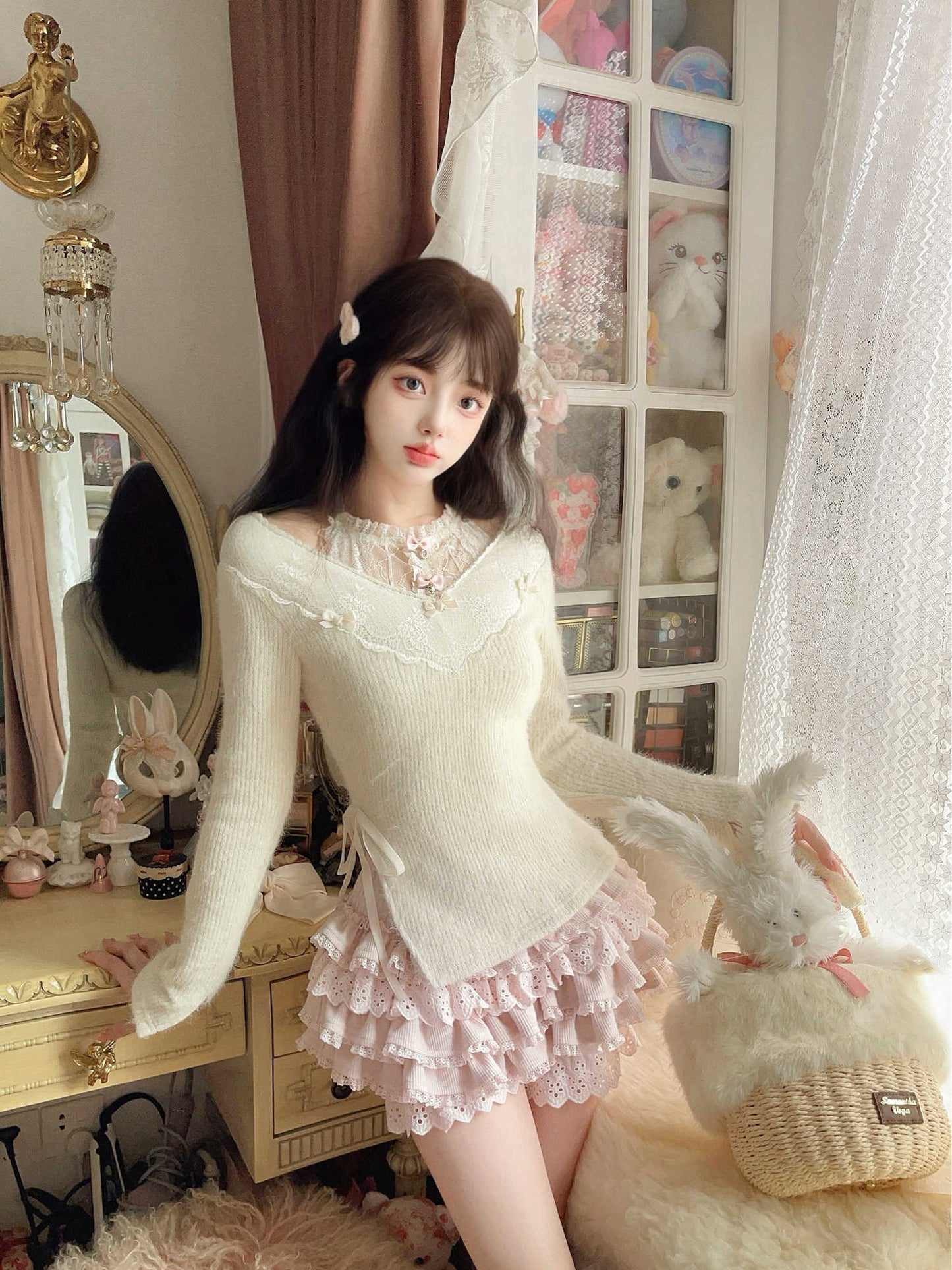 Fluffy Knitted Lace Slit Sweater