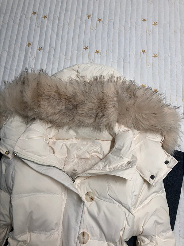 apricot fur collar hooded down jacket