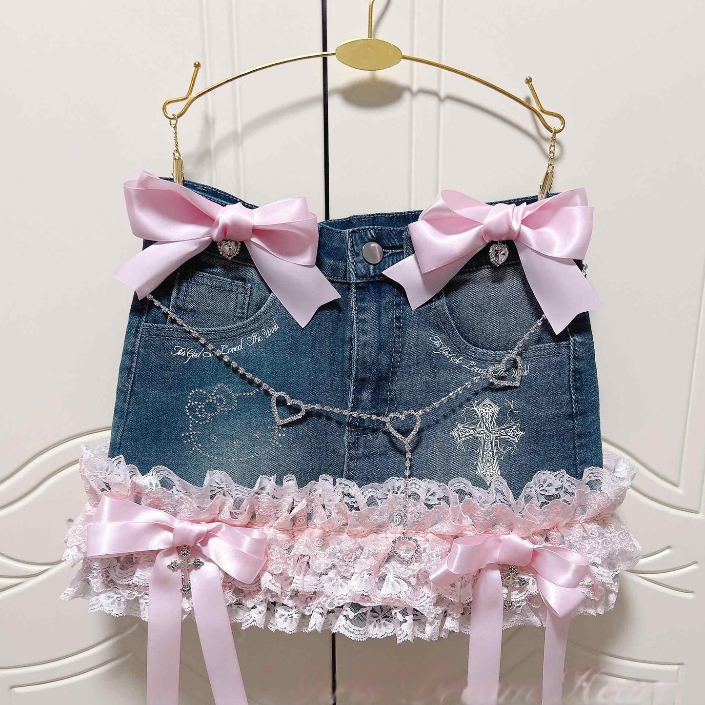 Coquette Lace Bow Dollete Denim Skirt