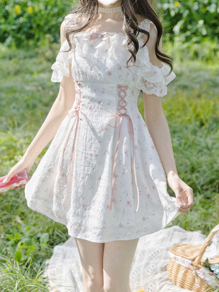 Japanese Off-shoulder Floral Lace Dress