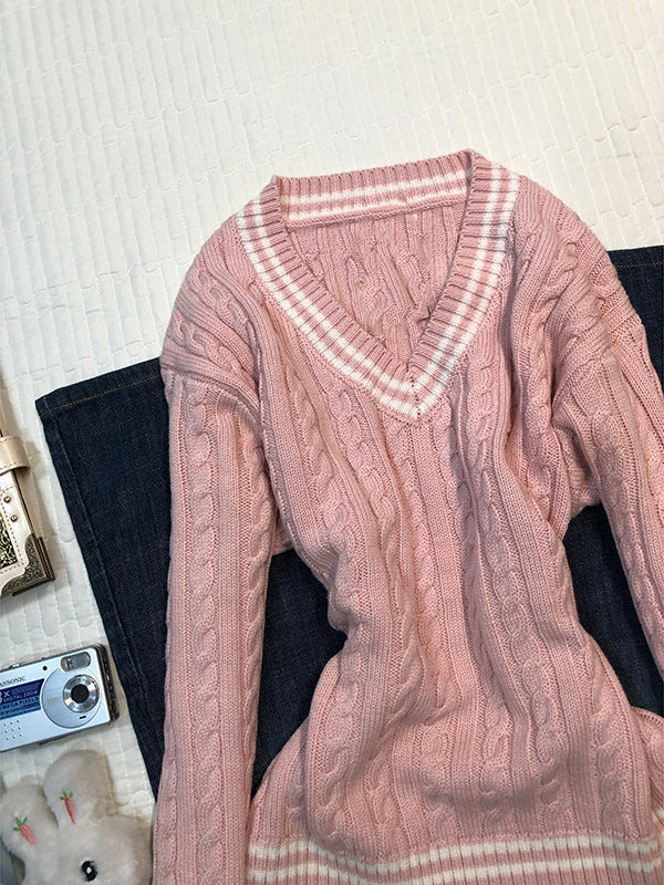pink V-neck twist sweater