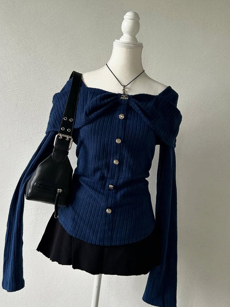 retro navy knitted long-sleeved top