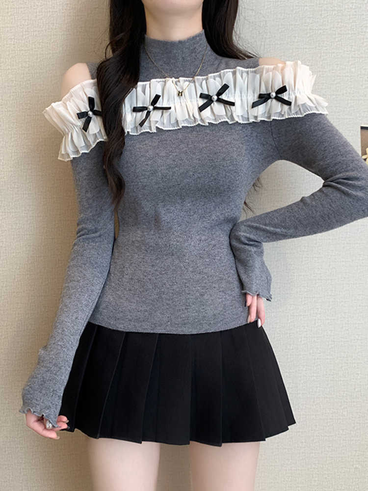 Off-shoulder Bow Ruffled Lace Long-sleeved Top