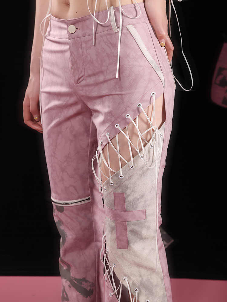 Straps Hollow Pink Stitching Pants