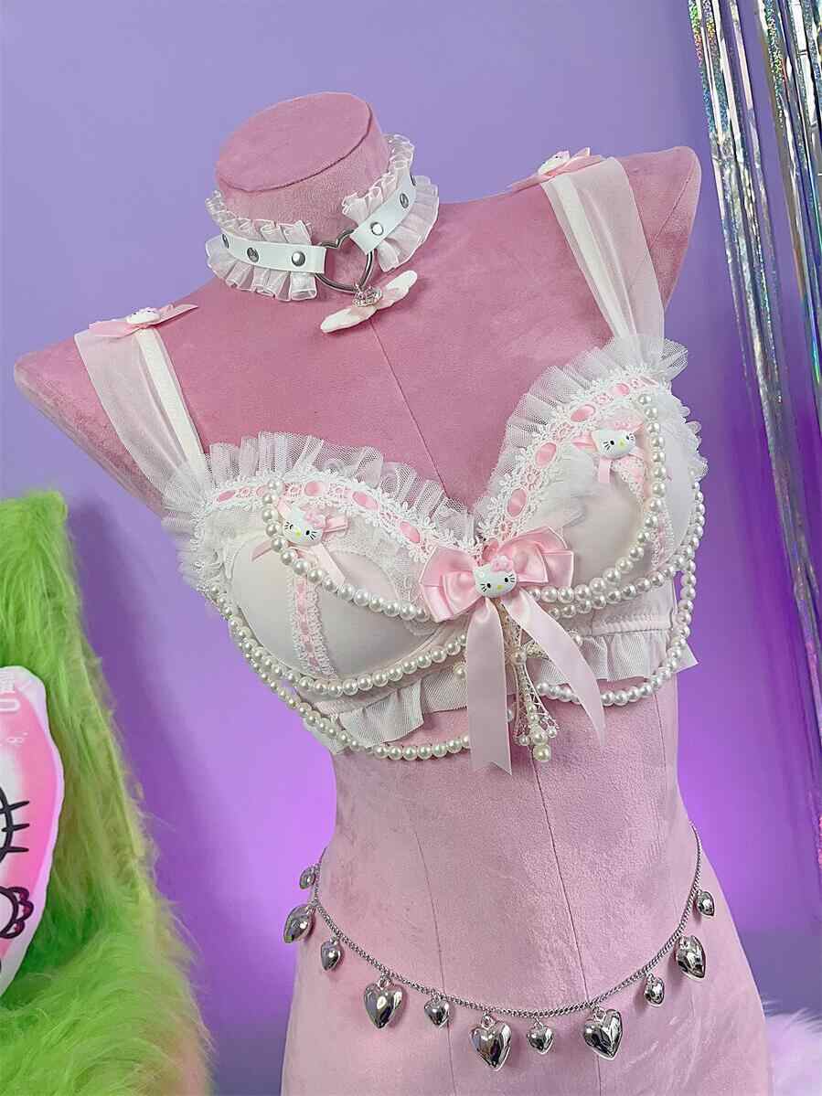Y2K Pearl Kitten Lace Bra