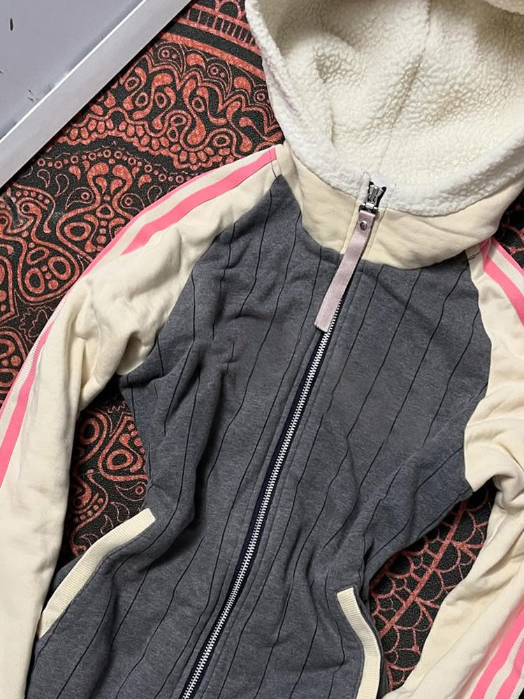 retro gray hooded pink fur collar sweatshirt jacket
