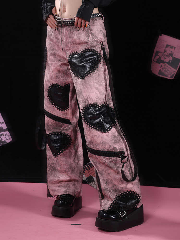 Black Pink Hearts Punk Jeans
