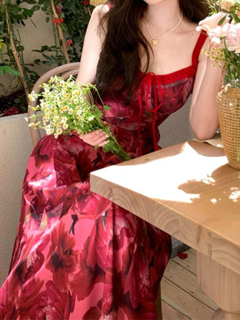 French Red Floral Suspender Dress