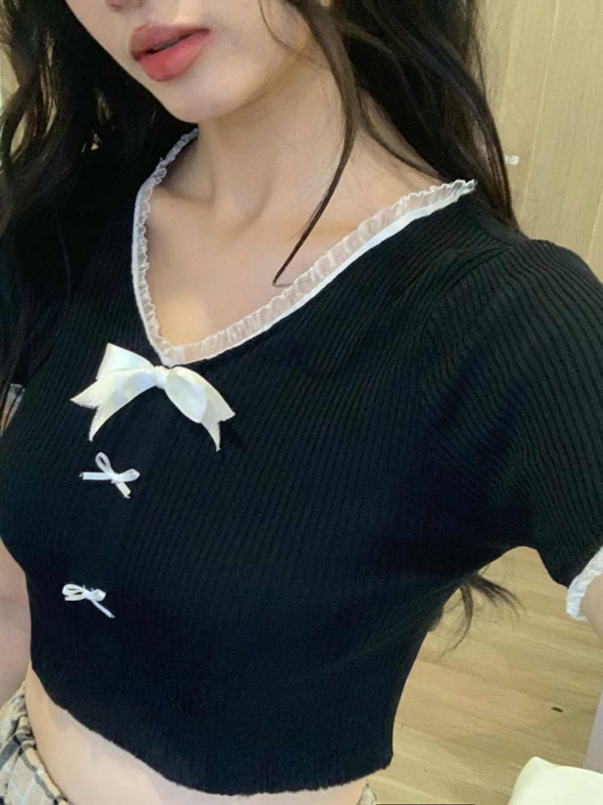 French Lace Bow Dark Coquette Top