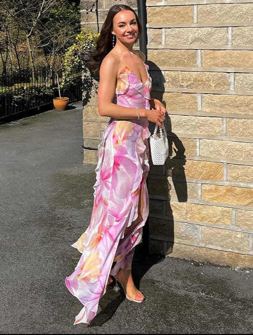 Ruffled V-neck Floral Backless Dress