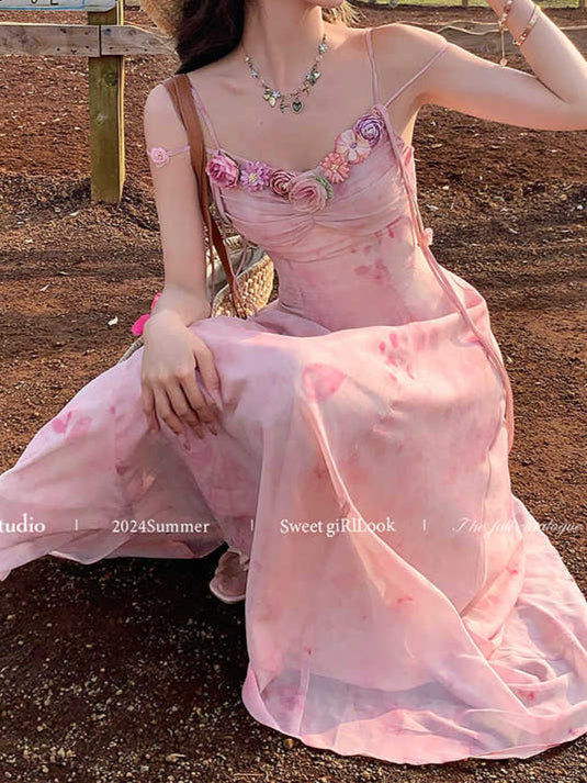 Pink Flower V-neck Suspender Dress